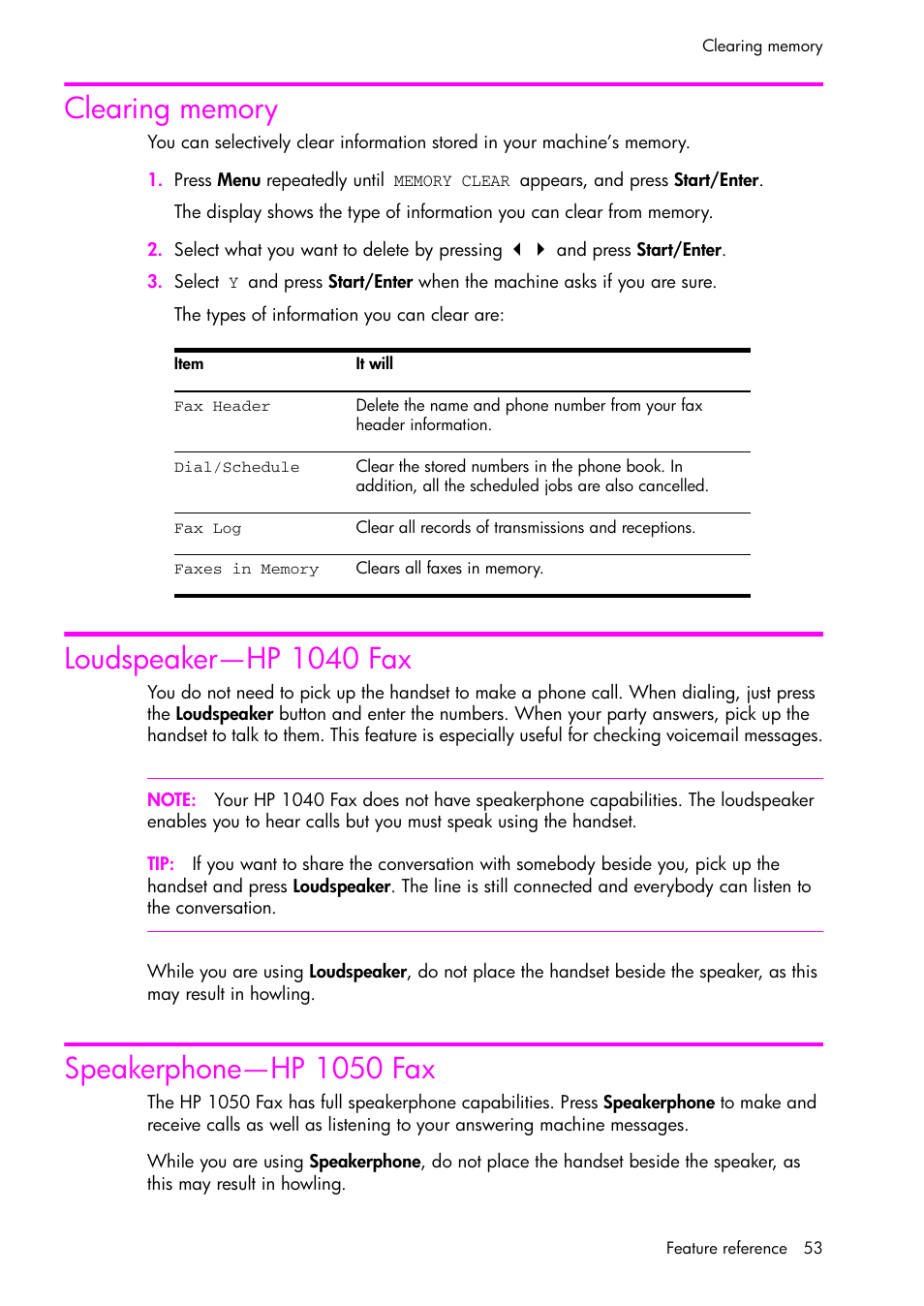 Clearing memory, Loudspeaker-hp 1040 fax, Speakerphone-hp 1050 fax | Loudspeaker—hp 1040 fax, Speakerphone—hp 1050 fax | HP 1040 User Manual | Page 59 / 94