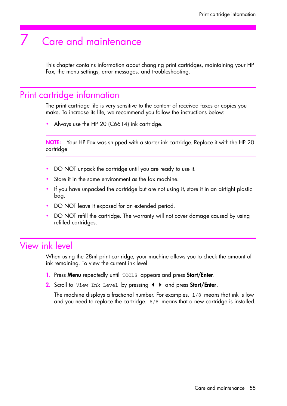 Care and maintenance, Print cartridge information, View ink level | HP 1040 User Manual | Page 61 / 94