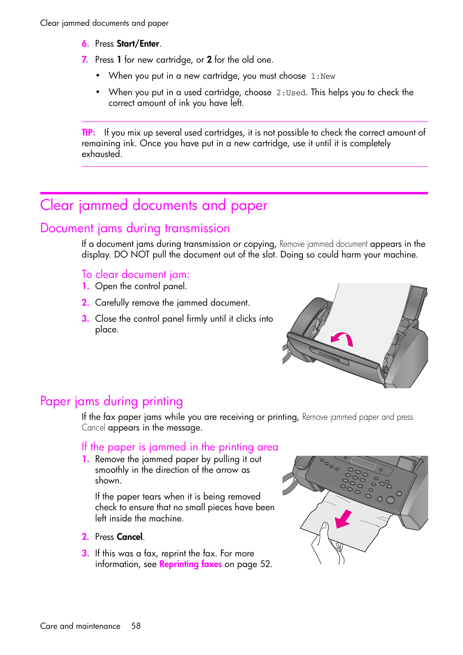 Clear jammed documents and paper, Document jams during transmission, To clear document jam | Paper jams during printing, If the paper is jammed in the printing area | HP 1040 User Manual | Page 64 / 94