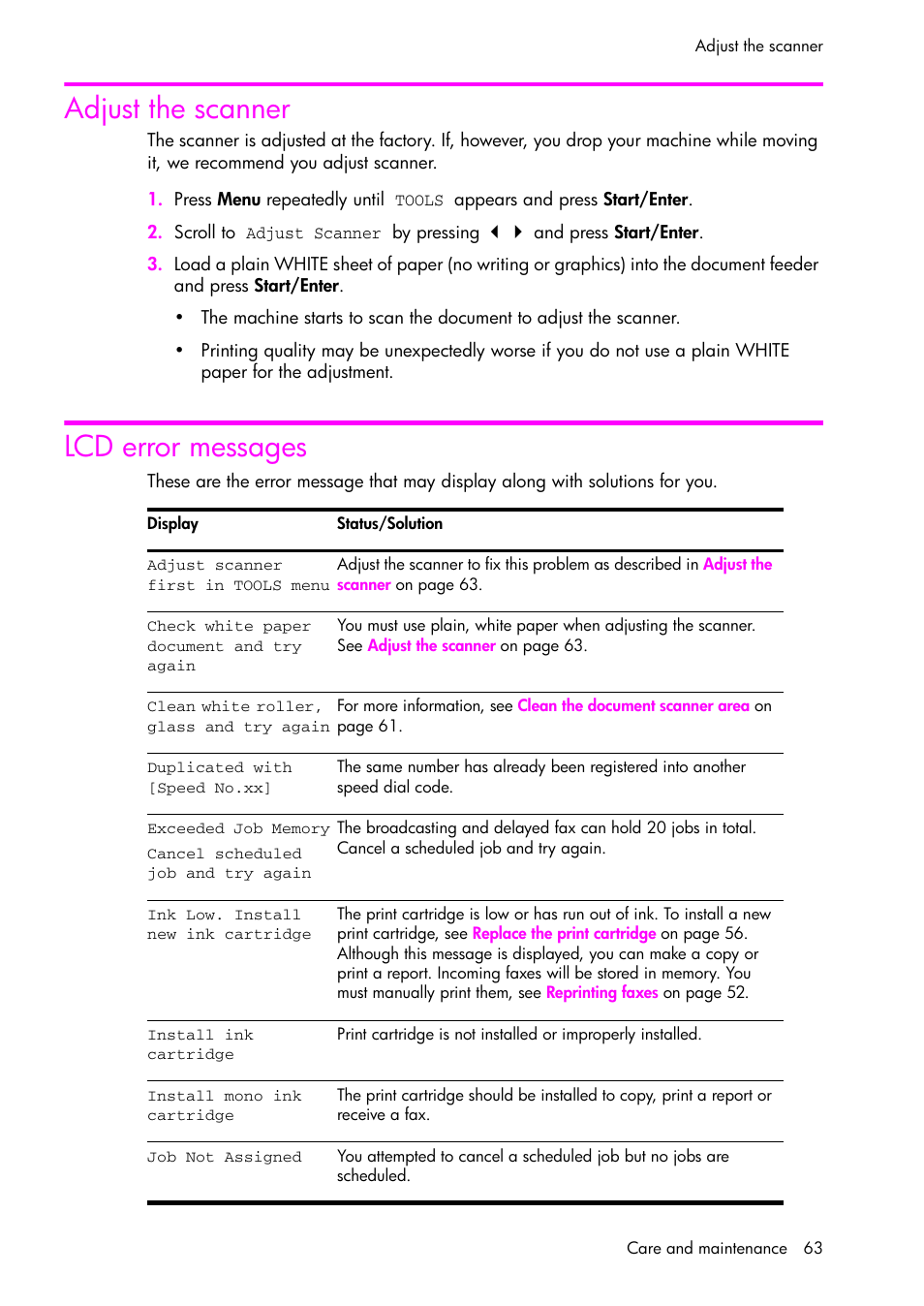 Adjust the scanner, Lcd error messages | HP 1040 User Manual | Page 69 / 94
