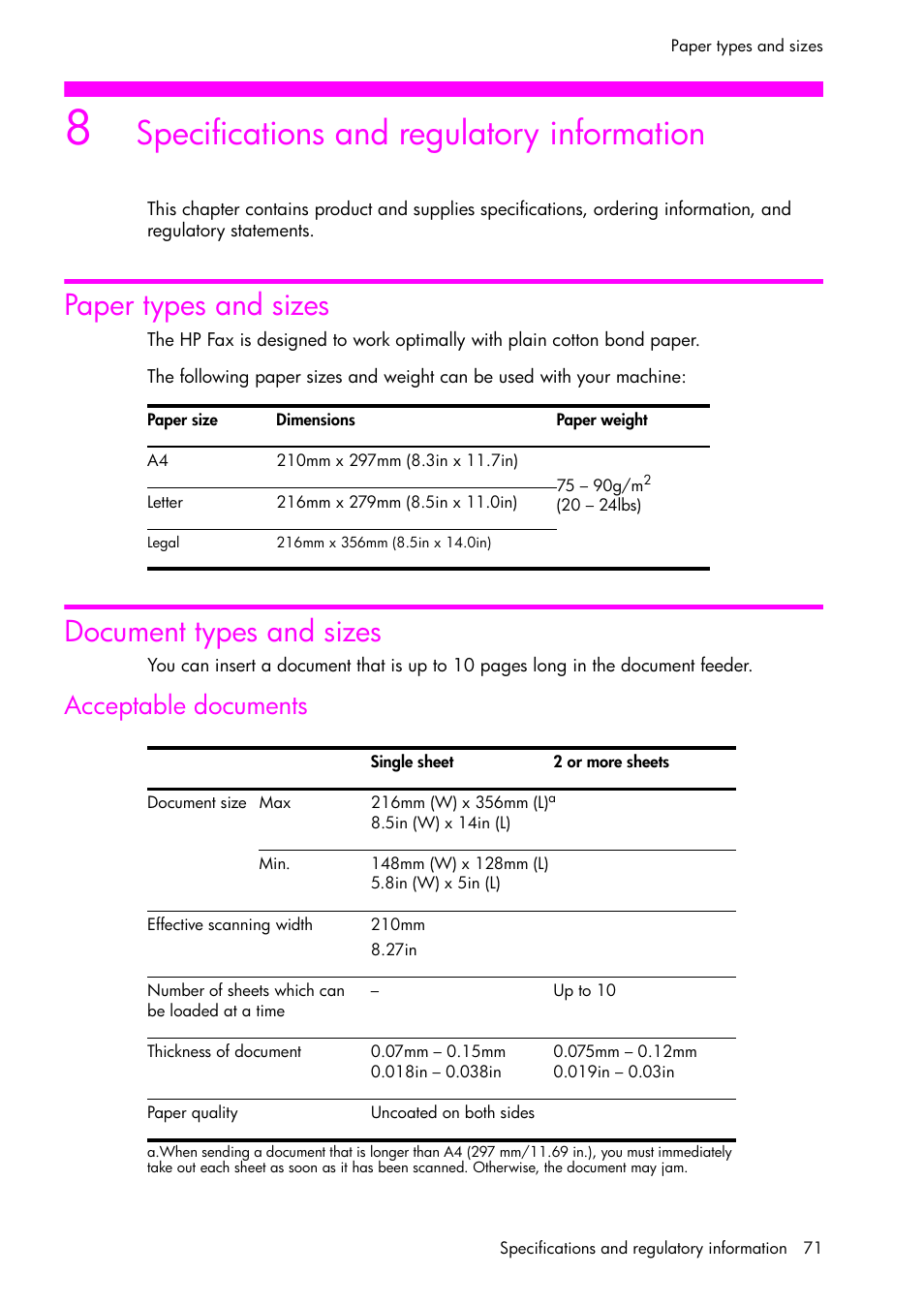 Specifications and regulatory information, Paper types and sizes, Document types and sizes | Acceptable documents | HP 1040 User Manual | Page 77 / 94