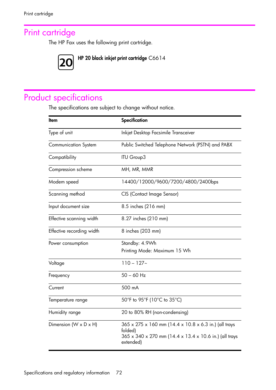 Print cartridge, Product specifications | HP 1040 User Manual | Page 78 / 94