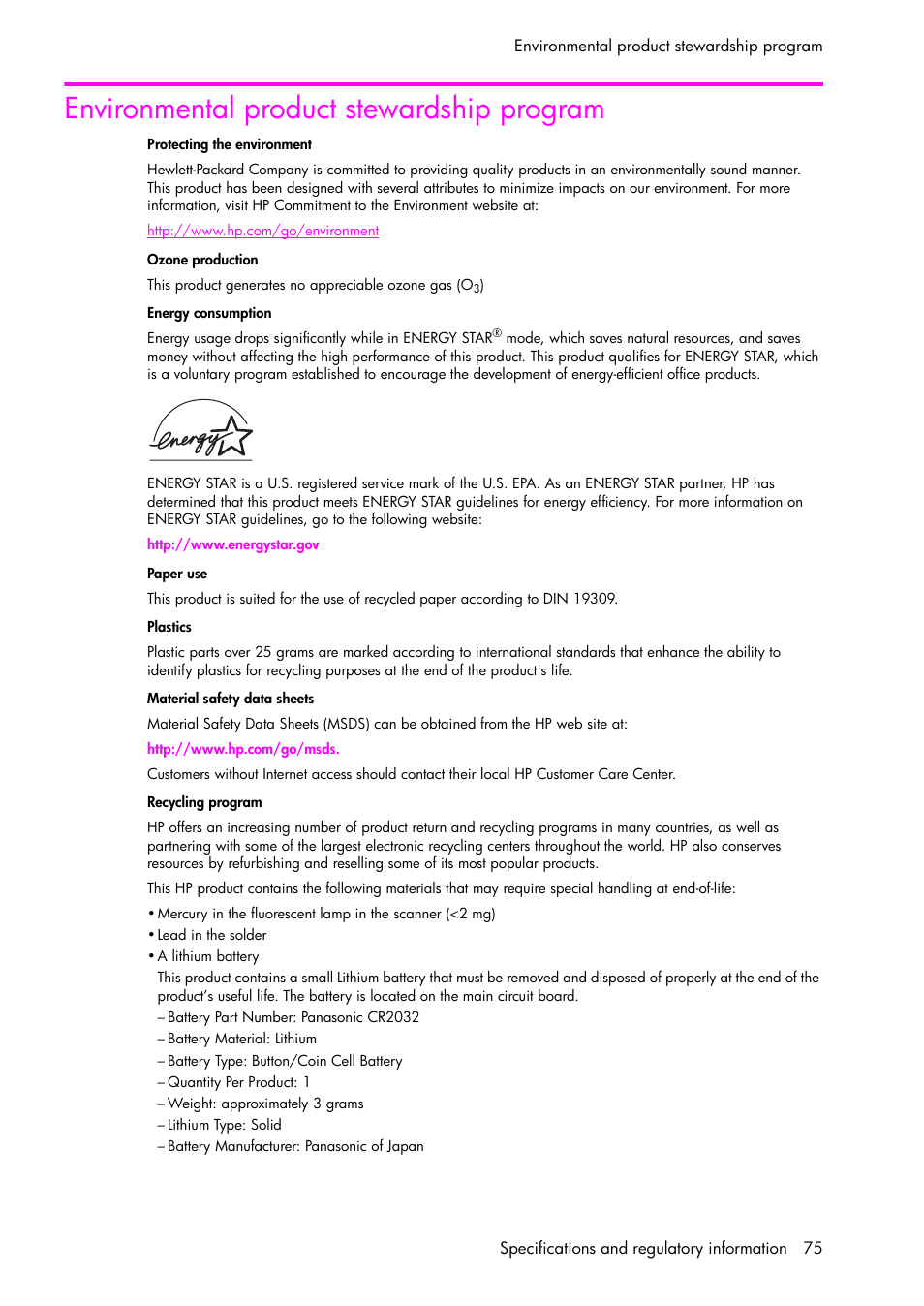 Environmental product stewardship program | HP 1040 User Manual | Page 81 / 94