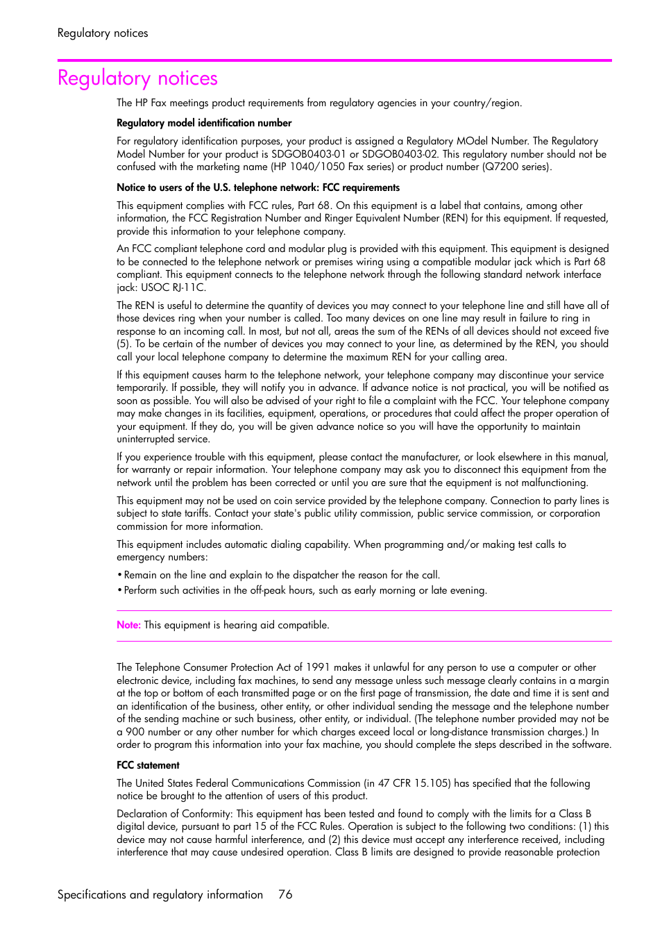 Regulatory notices | HP 1040 User Manual | Page 82 / 94