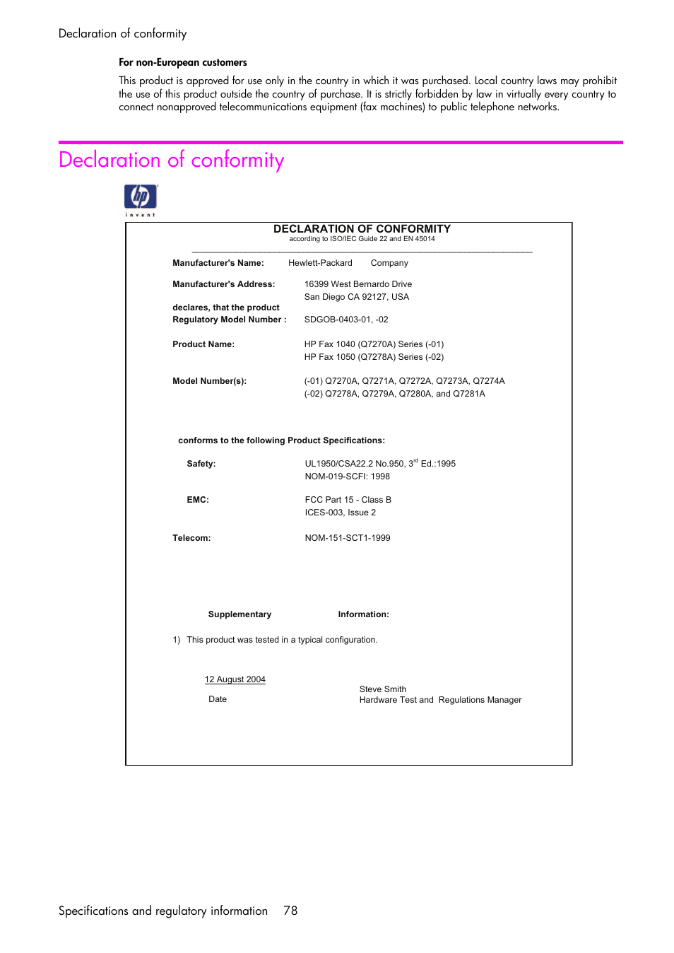 Declaration of conformity | HP 1040 User Manual | Page 84 / 94