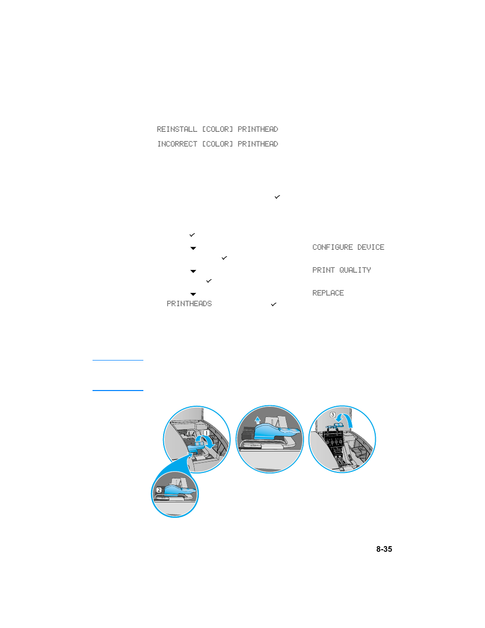 Replacing printheads, Replacing printheads -35, Replacing | Printheads | HP 3000dtn User Manual | Page 135 / 198