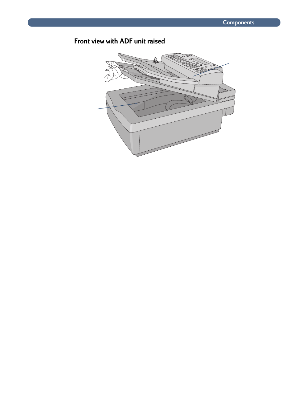 Front view with adf unit raised | HP 3100C User Manual | Page 14 / 88