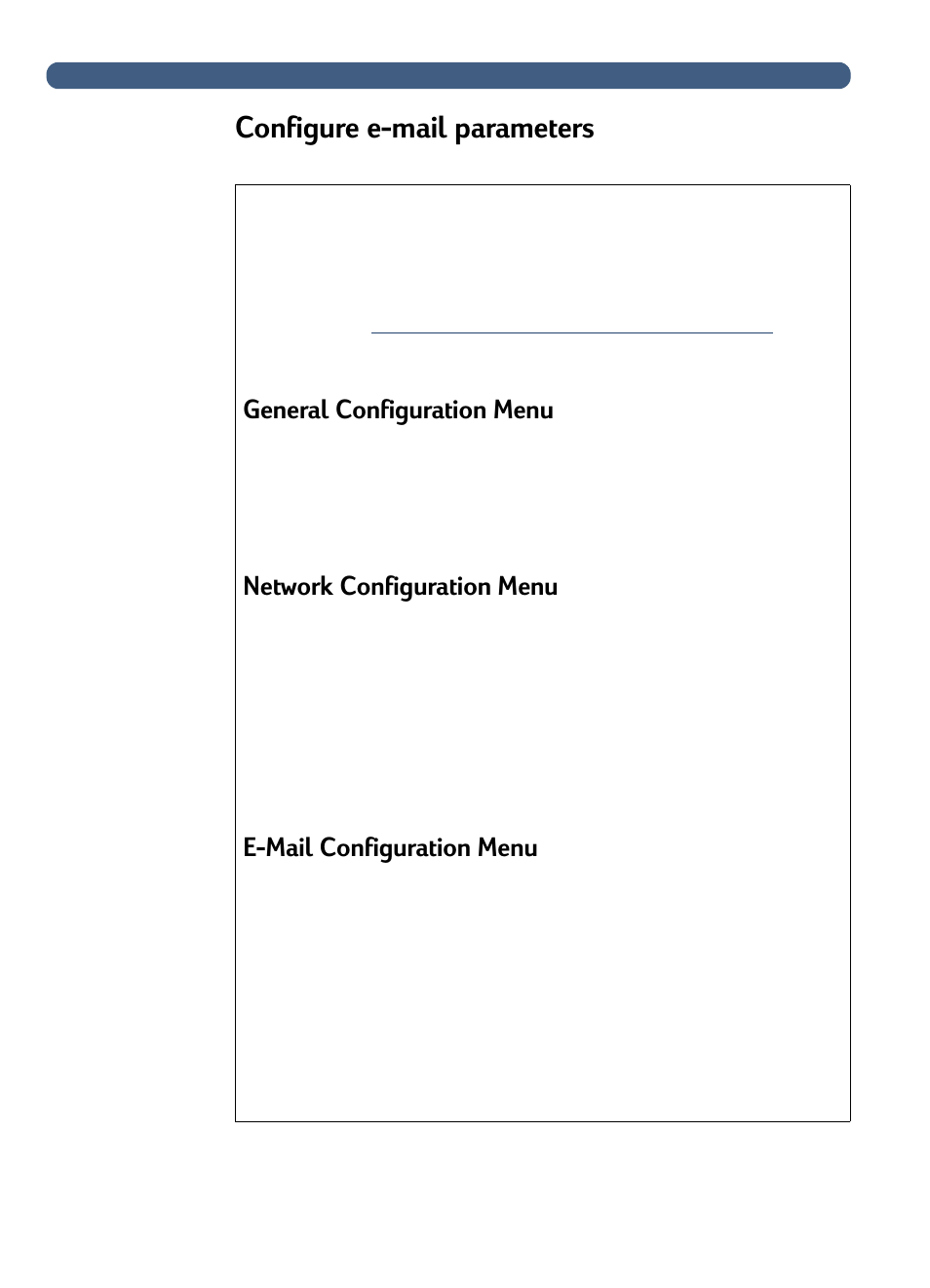 Configure email parameters, Configure e-mail parameters, General configuration menu | Network configuration menu, E-mail configuration menu | HP 3100C User Manual | Page 21 / 88