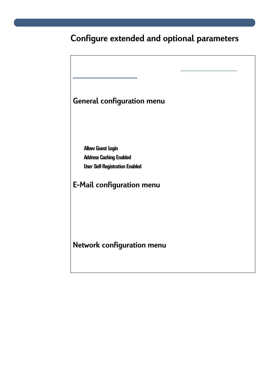 Configure extended and optional parameters, General configuration menu, E-mail configuration menu | Network configuration menu | HP 3100C User Manual | Page 23 / 88