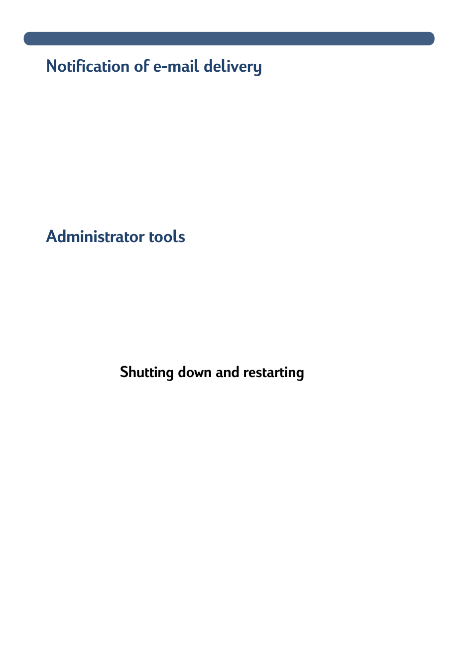 Notification of email delivery, Administrator tools, Shutting down and restarting | Notification of e-mail delivery | HP 3100C User Manual | Page 37 / 88