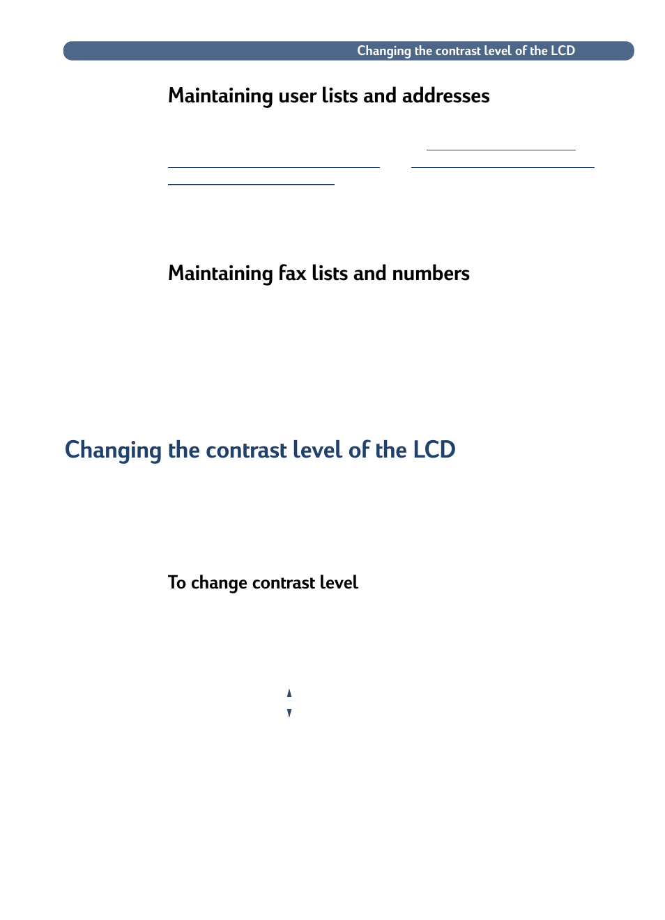 Maintaining user lists and addresses, Maintaining fax lists and numbers, Changing the contrast level of the lcd | HP 3100C User Manual | Page 48 / 88