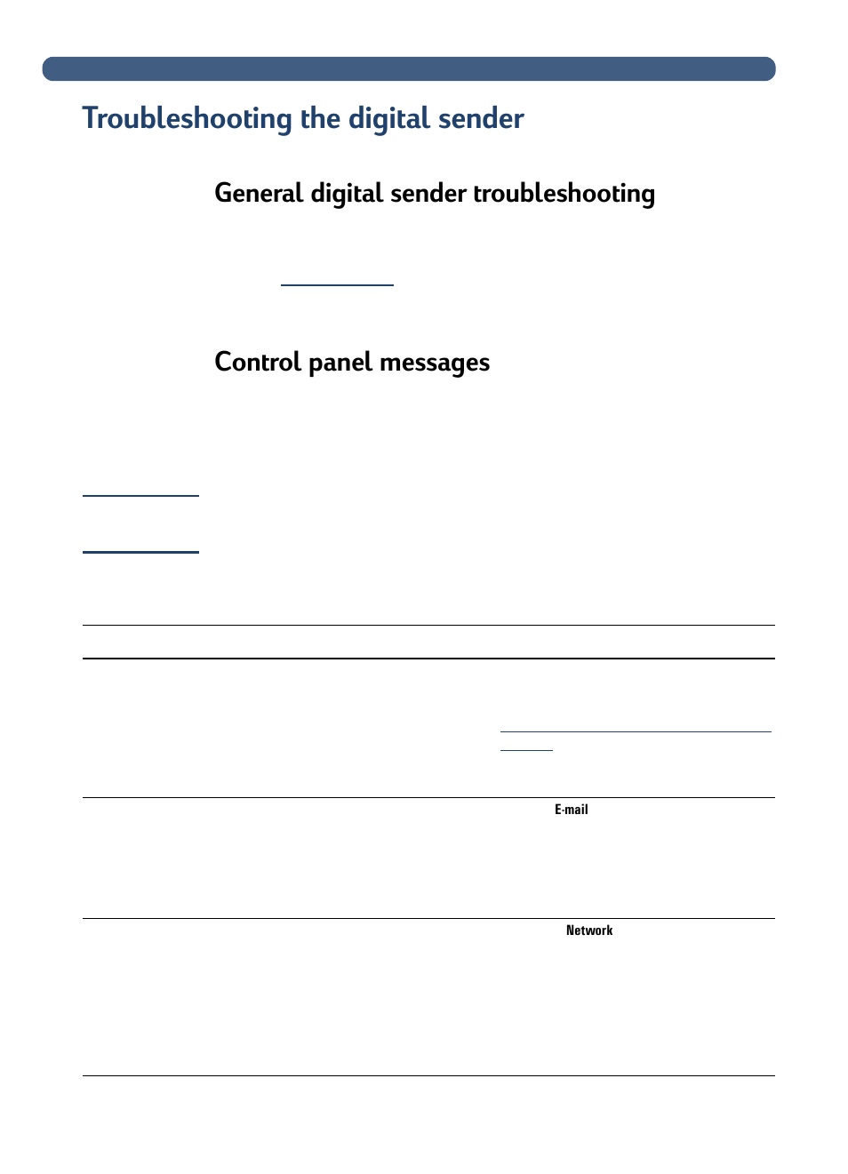 Troubleshooting the digital sender, General digital sender troubleshooting, Control panel messages | For a list | HP 3100C User Manual | Page 57 / 88