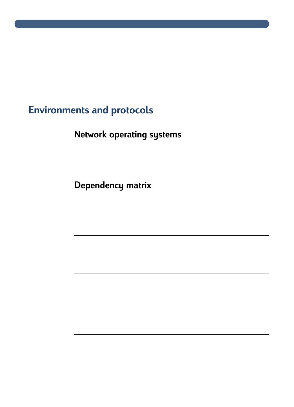 Environments and protocols, Network operating systems, Dependency matrix | Network operating systems dependency matrix | HP 3100C User Manual | Page 7 / 88