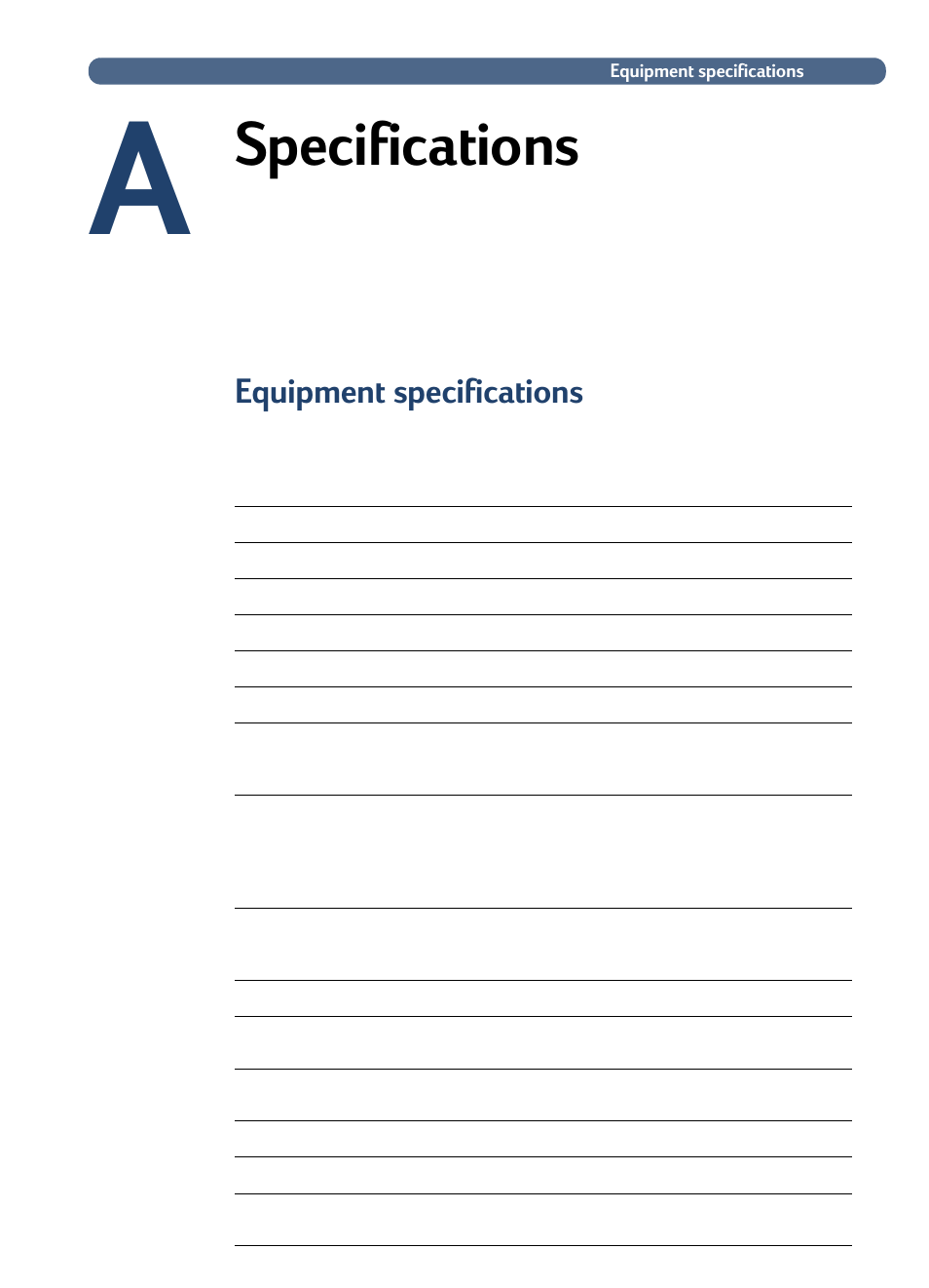 Specifications, Equipment specifications, Appendix a specifications | For maximum scanning speeds, see, Equipment specifications” on | HP 3100C User Manual | Page 72 / 88