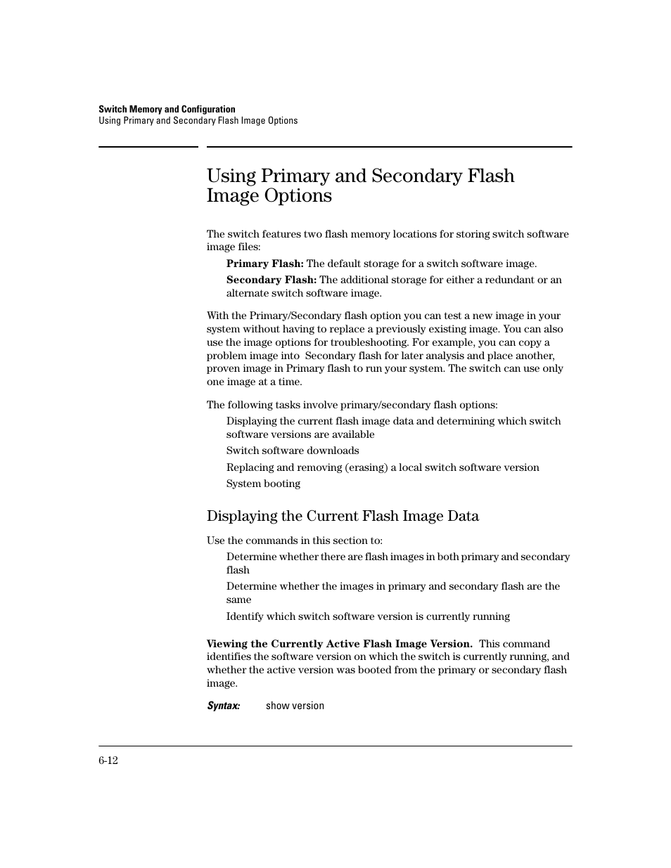 Using primary and secondary flash image options, Displaying the current flash image data, Viewing the currently active flash image version | Displaying the current flash image data -12 | HP 2600 User Manual | Page 100 / 418