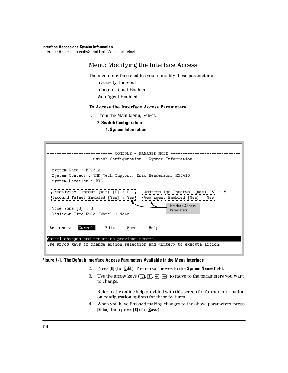 Menu: modifying the interface access, To access the interface access parameters, Menu: modifying the interface access -4 | HP 2600 User Manual | Page 112 / 418