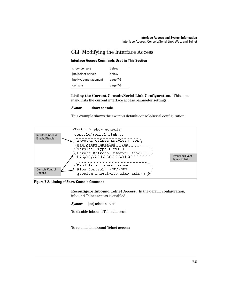 Cli: modifying the interface access, Reconfigure inbound telnet access, Cli: modifying the interface access -5 | HP 2600 User Manual | Page 113 / 418