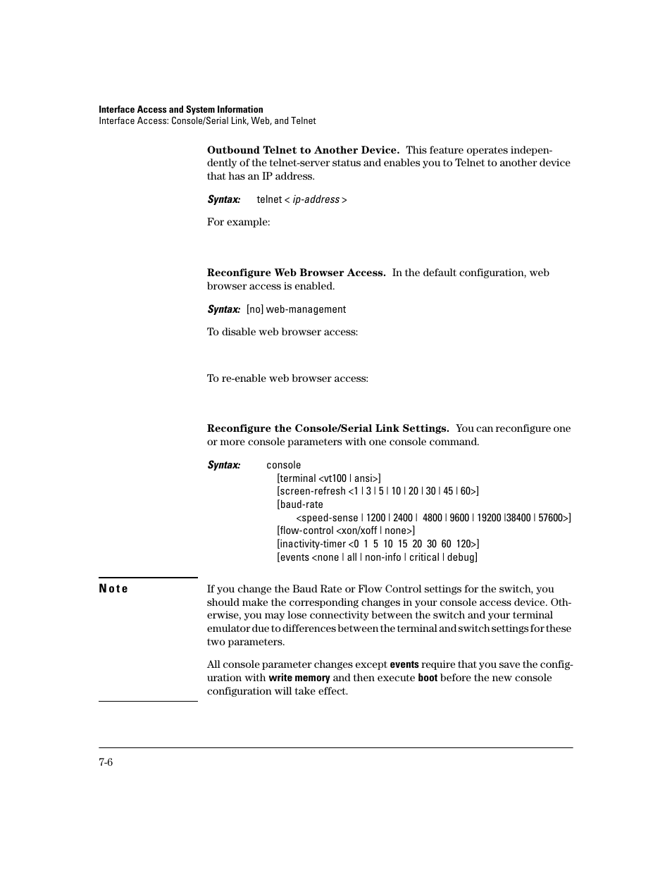 Outbound telnet to another device, Reconfigure web browser access, Reconfigure the console/serial link settings | HP 2600 User Manual | Page 114 / 418