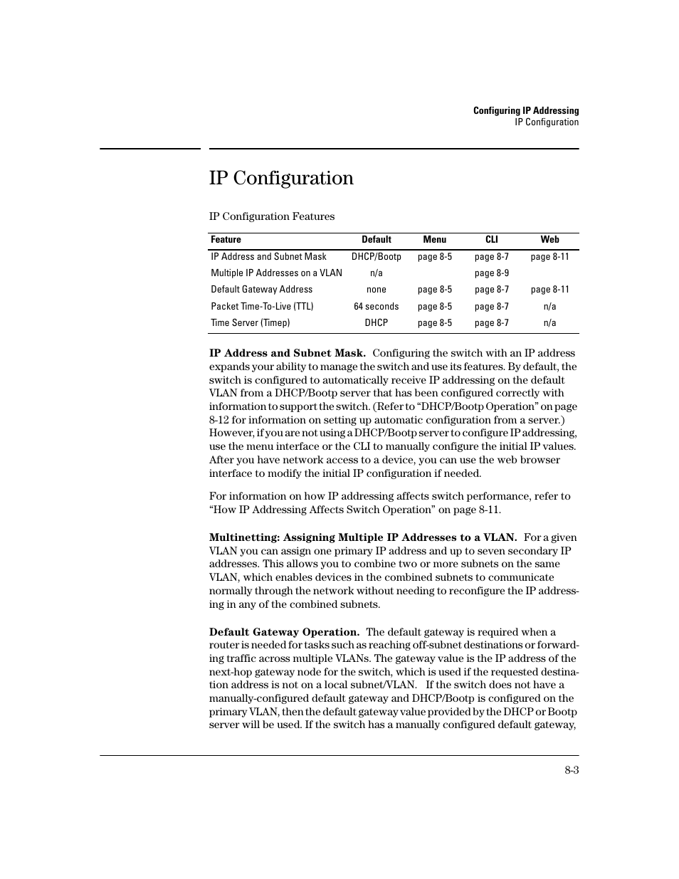 Ip configuration, Ip address and subnet mask, Default gateway operation | Ip configuration -3 | HP 2600 User Manual | Page 125 / 418