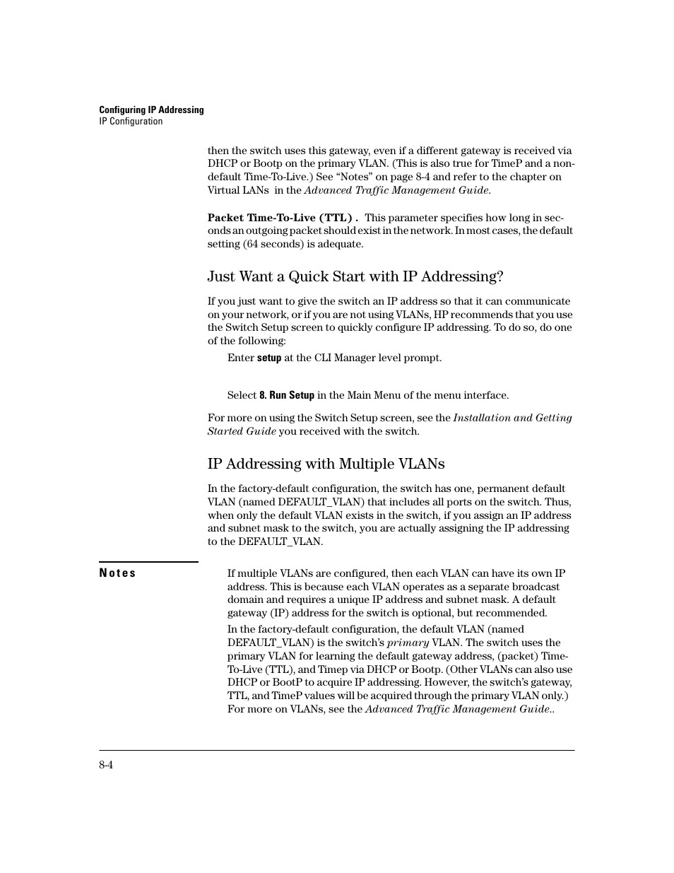 Packet time-to-live (ttl), Just want a quick start with ip addressing, Ip addressing with multiple vlans | Just want a quick start with ip addressing? -4, Ip addressing with multiple vlans -4 | HP 2600 User Manual | Page 126 / 418