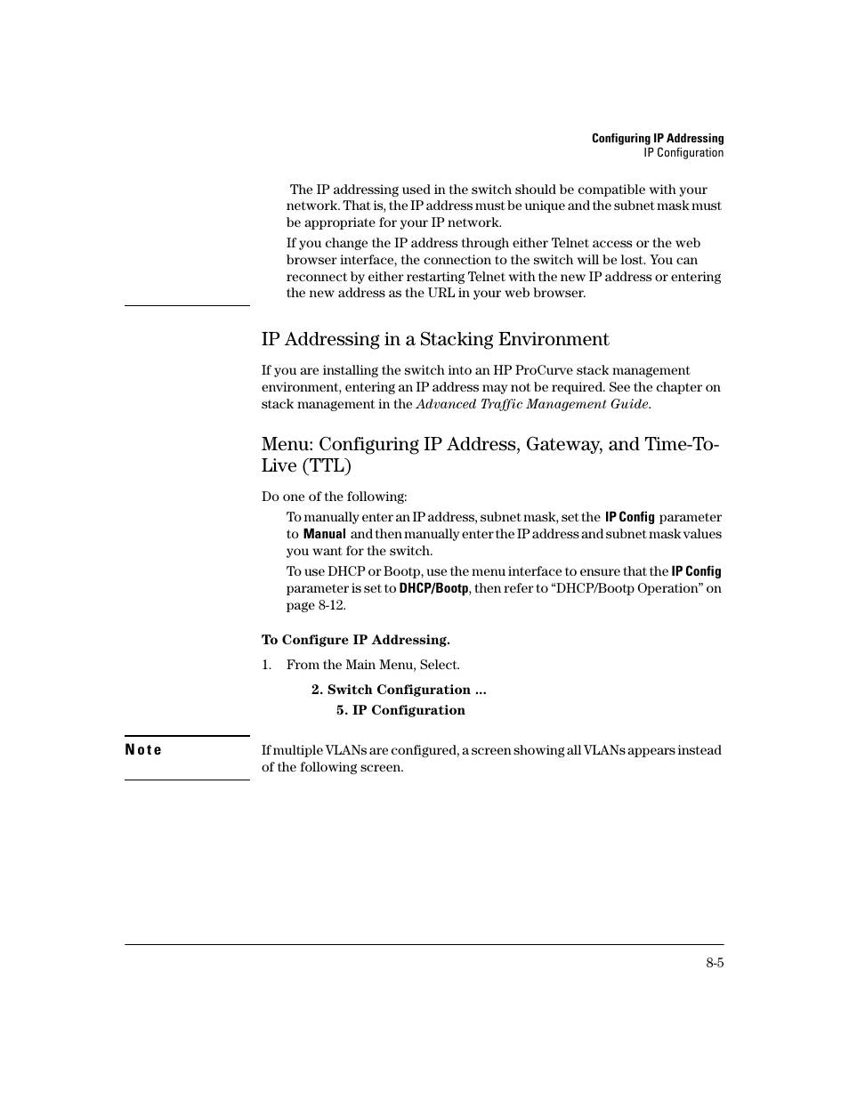 Ip addressing in a stacking environment, To configure ip addressing, Ip addressing in a stacking environment -5 | HP 2600 User Manual | Page 127 / 418