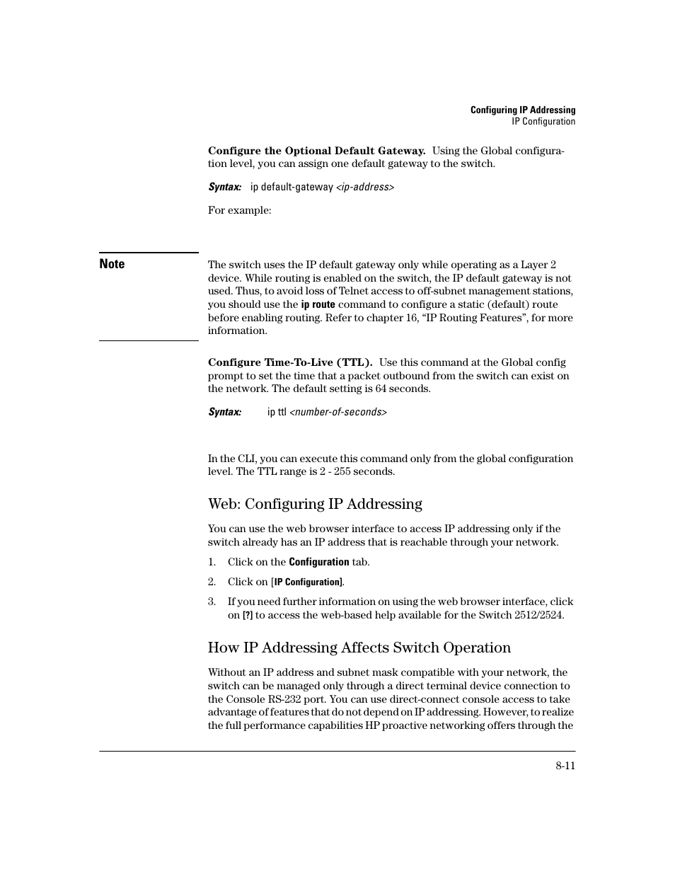 Configure the optional default gateway, Configure time-to-live (ttl), Web: configuring ip addressing | How ip addressing affects switch operation, Web: configuring ip addressing -11, How ip addressing affects switch operation -11 | HP 2600 User Manual | Page 133 / 418