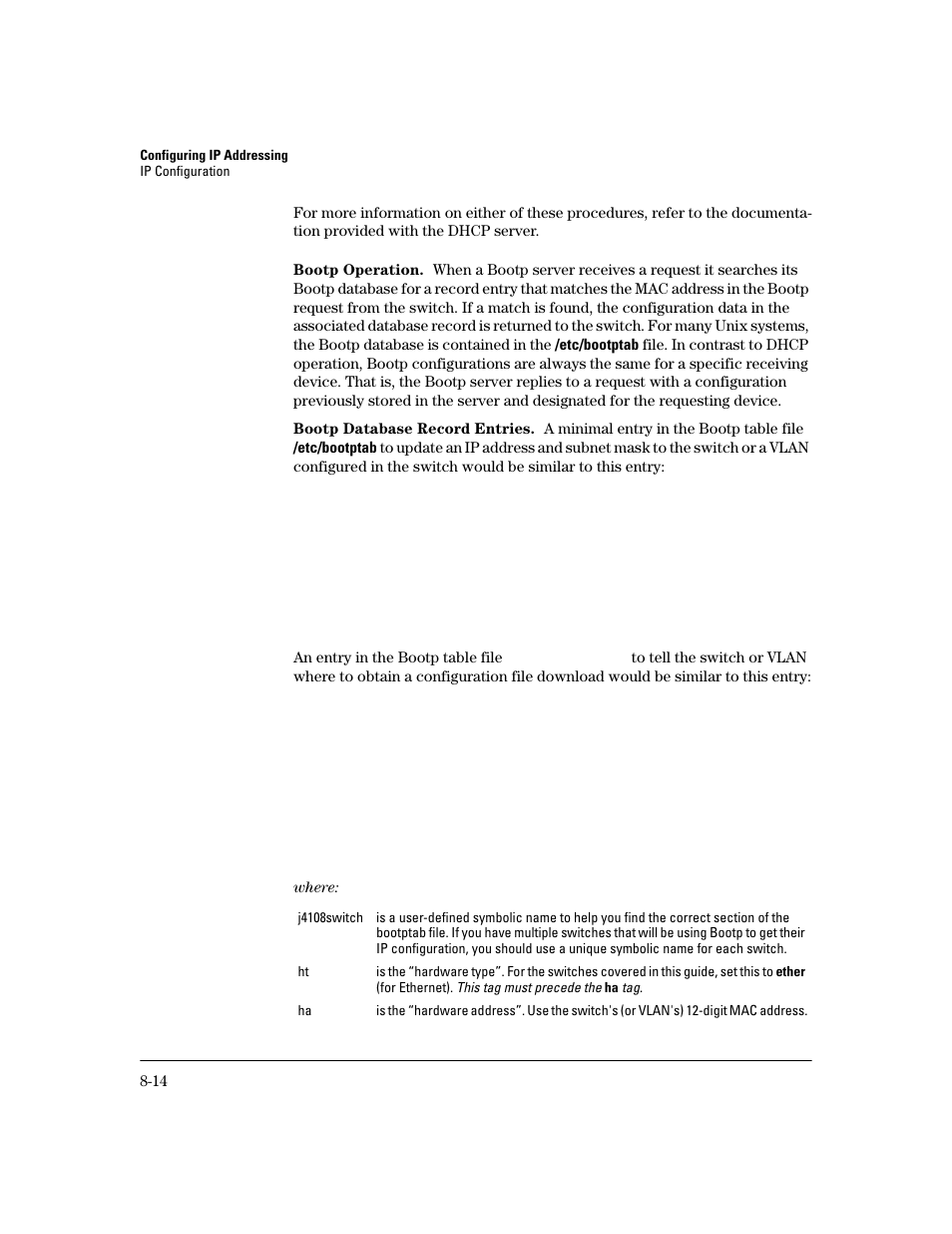 Bootp operation, Bootp database record entries | HP 2600 User Manual | Page 136 / 418