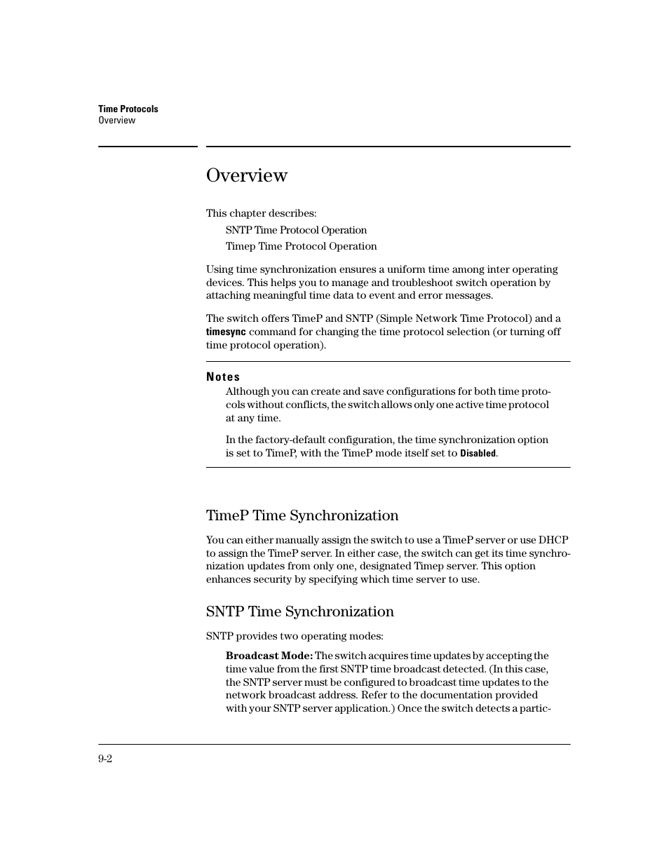 Overview, Timep time synchronization, Sntp time synchronization | Overview -2, Timep time synchronization -2, Sntp time synchronization -2 | HP 2600 User Manual | Page 144 / 418