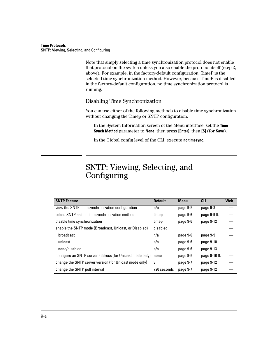 Disabling time synchronization, Sntp: viewing, selecting, and configuring, Disabling time synchronization -4 | Sntp: viewing, selecting, and configuring -4 | HP 2600 User Manual | Page 146 / 418