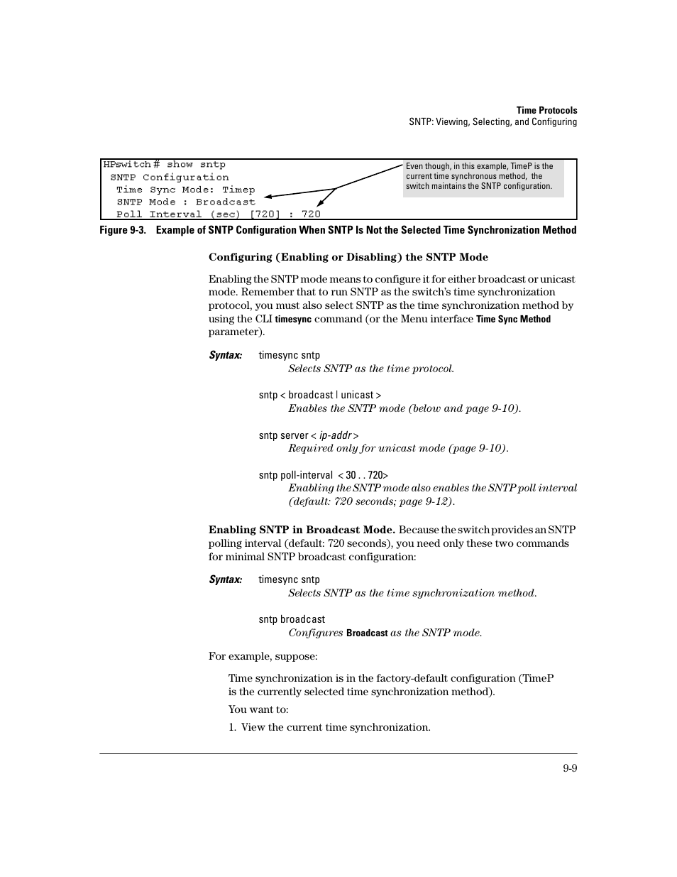 Configuring (enabling or disabling) the sntp mode, Enabling sntp in broadcast mode, 9 and ff | HP 2600 User Manual | Page 151 / 418