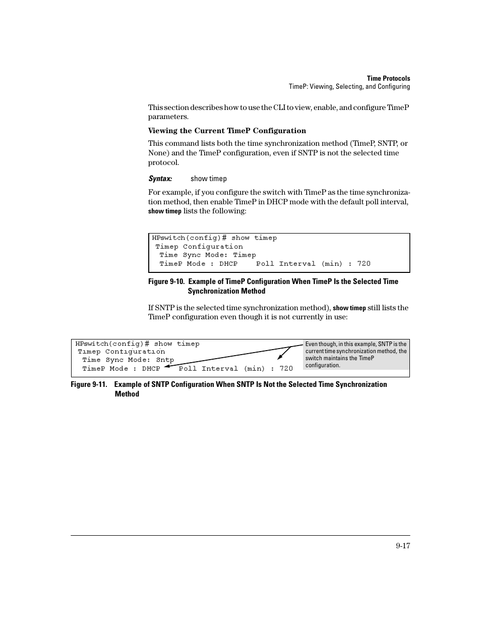 Viewing the current timep configuration, Viewing the current timep configuration -17 | HP 2600 User Manual | Page 159 / 418