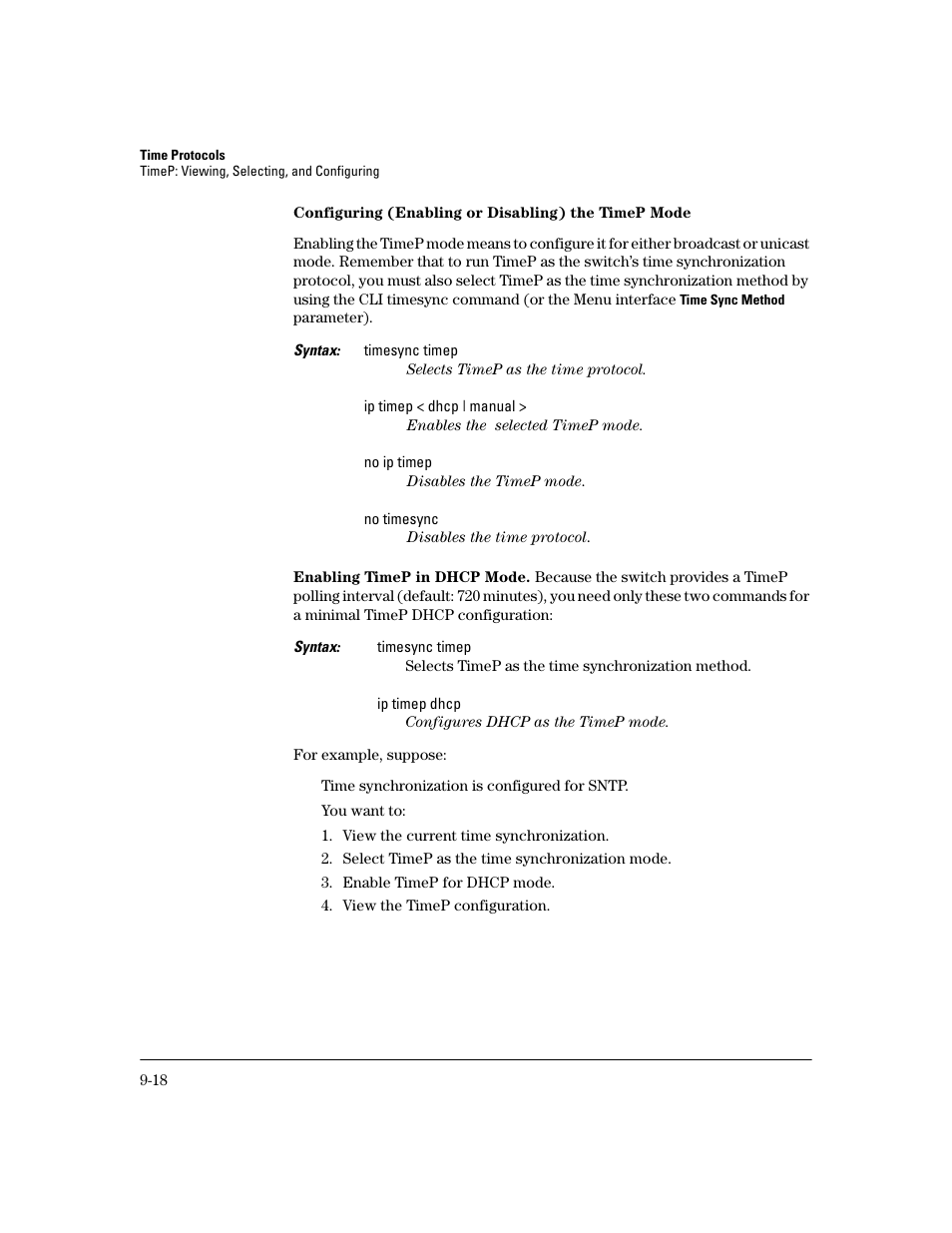 Configuring (enabling or disabling) the timep mode, Enabling timep in dhcp mode, 18 ff | HP 2600 User Manual | Page 160 / 418