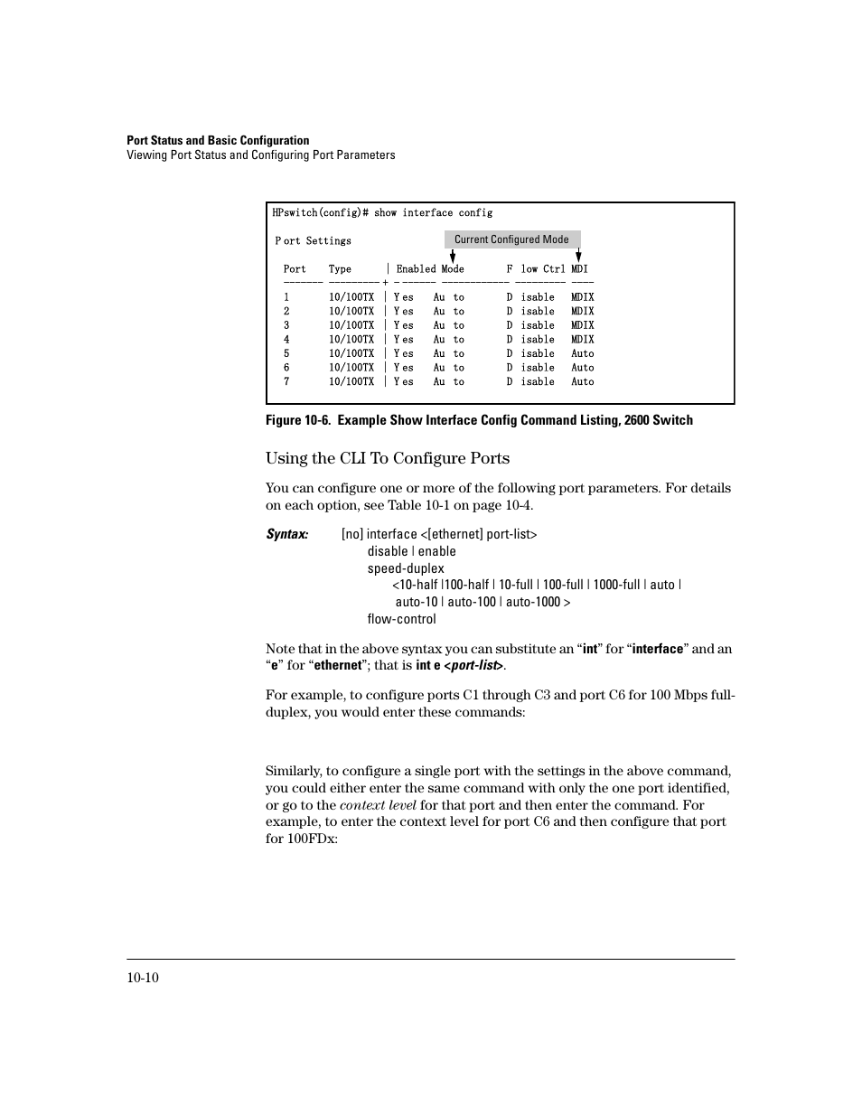 Using the cli to configure ports, Using the cli to configure ports -10, Thru 10-6 | HP 2600 User Manual | Page 176 / 418