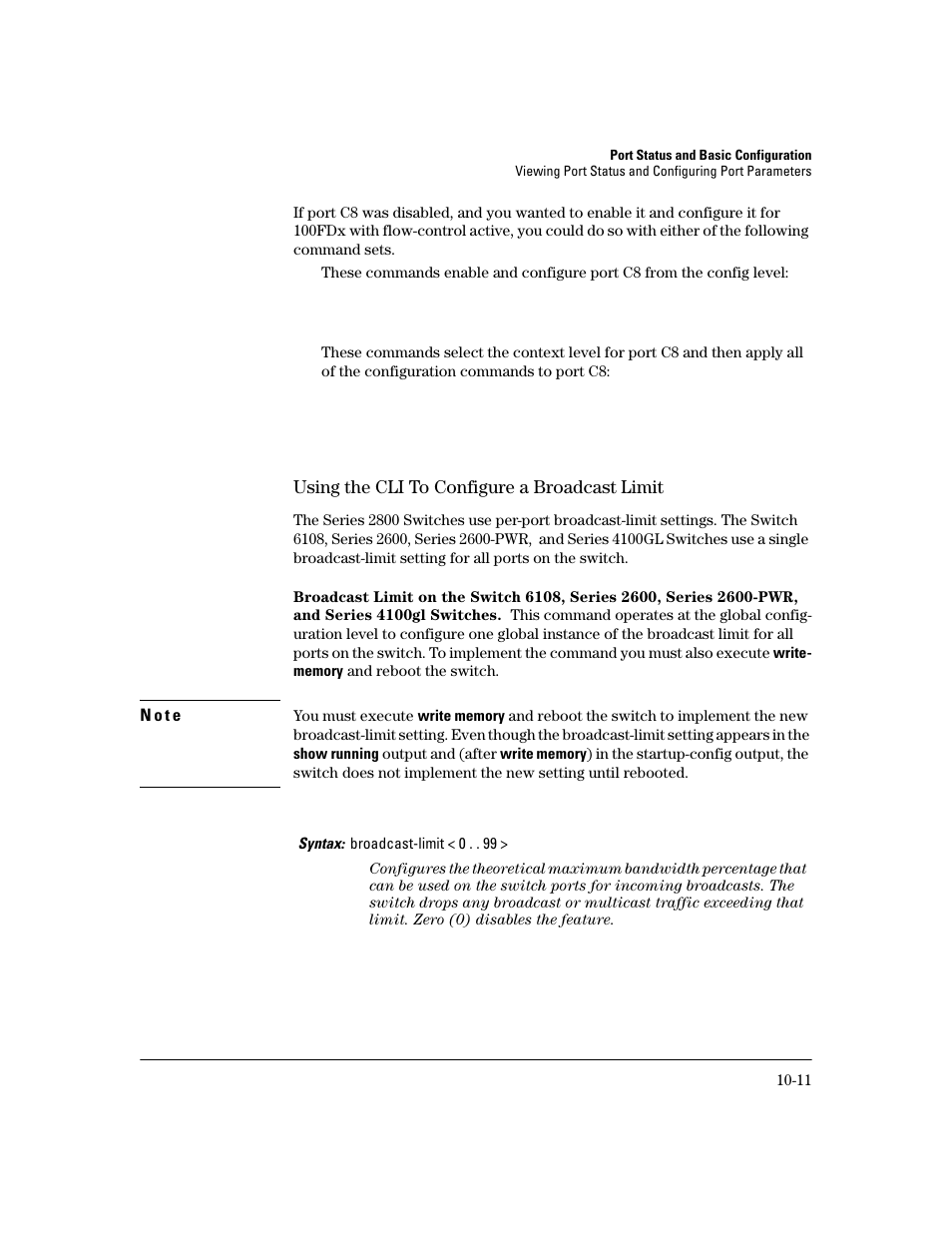 Using the cli to configure a broadcast limit, Using the cli to configure a broadcast limit -11 | HP 2600 User Manual | Page 177 / 418