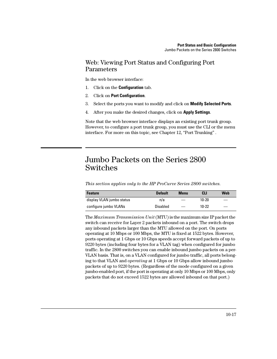 Jumbo packets on the series 2800 switches, Jumbo packets on the series 2800 switches -17 | HP 2600 User Manual | Page 183 / 418