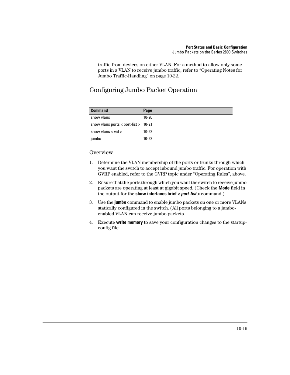 Configuring jumbo packet operation, Overview, Configuring jumbo packet operation -19 | Overview -19 | HP 2600 User Manual | Page 185 / 418