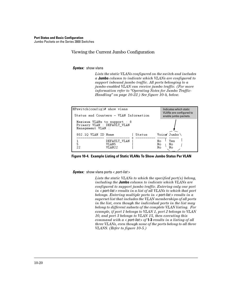 Viewing the current jumbo configuration, Viewing the current jumbo configuration -20 | HP 2600 User Manual | Page 186 / 418