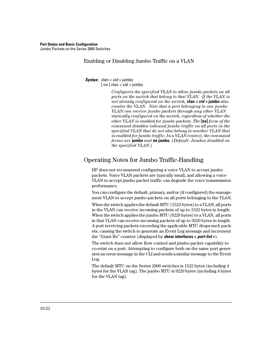 Enabling or disabling jumbo traffic on a vlan, Operating notes for jumbo traffic-handling, Enabling or disabling jumbo traffic on a vlan -22 | Operating notes for jumbo traffic-handling -22 | HP 2600 User Manual | Page 188 / 418