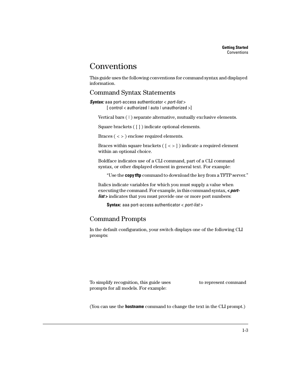 Conventions, Command syntax statements, Command prompts | Conventions -3, Command syntax statements -3, Command prompts -3 | HP 2600 User Manual | Page 19 / 418