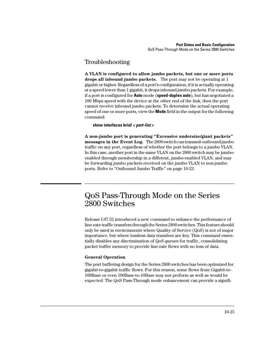 Troubleshooting, Qos pass-through mode on the series 2800 switches, General operation | Troubleshooting -25, General operation -25 | HP 2600 User Manual | Page 191 / 418