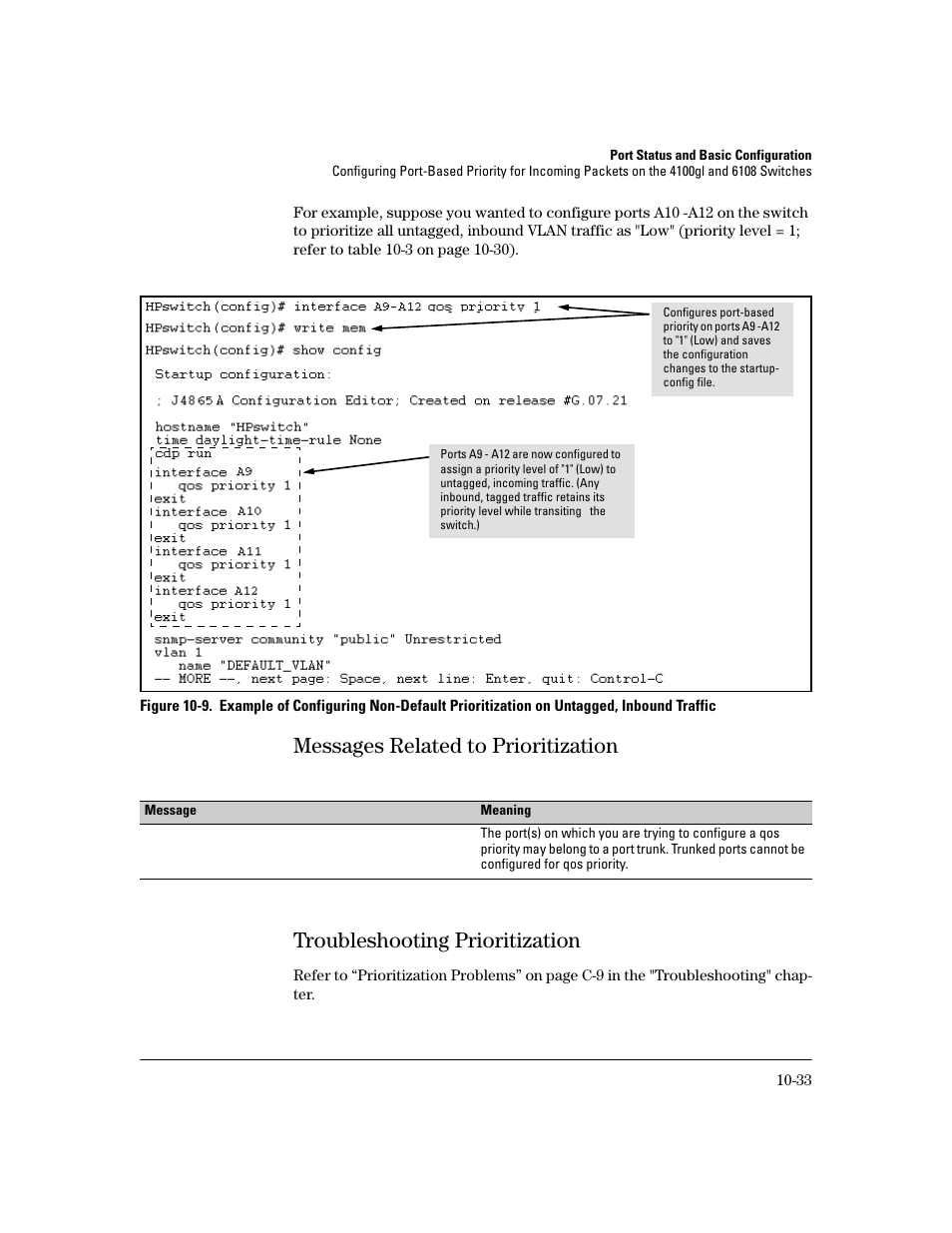 Messages related to prioritization, Troubleshooting prioritization, Messages related to prioritization -33 | Troubleshooting prioritization -33 | HP 2600 User Manual | Page 199 / 418