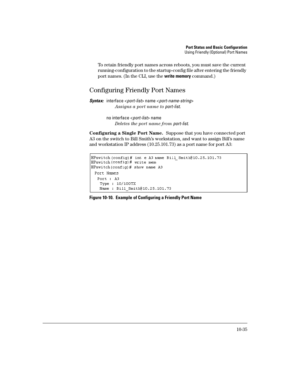 Configuring friendly port names, Configuring a single port name, Configuring friendly port names -35 | HP 2600 User Manual | Page 201 / 418