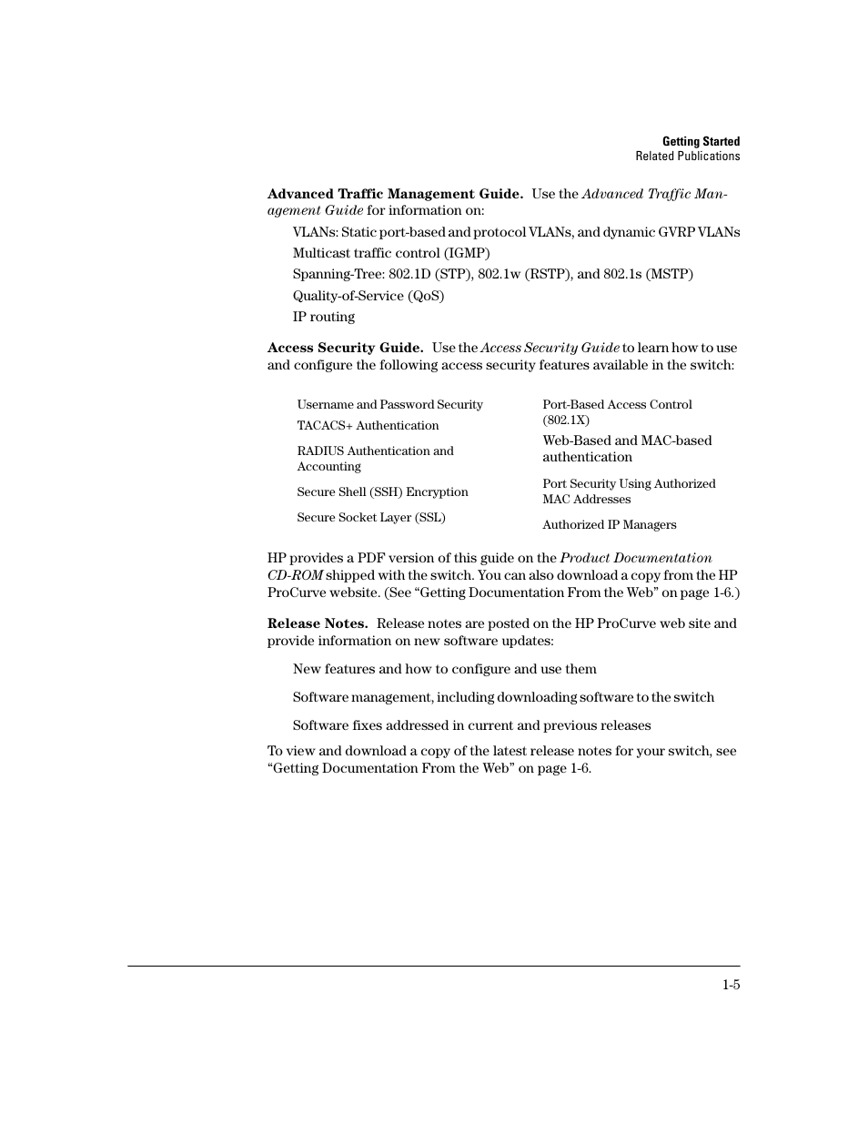 Advanced traffic management guide, Access security guide, Release notes | HP 2600 User Manual | Page 21 / 418