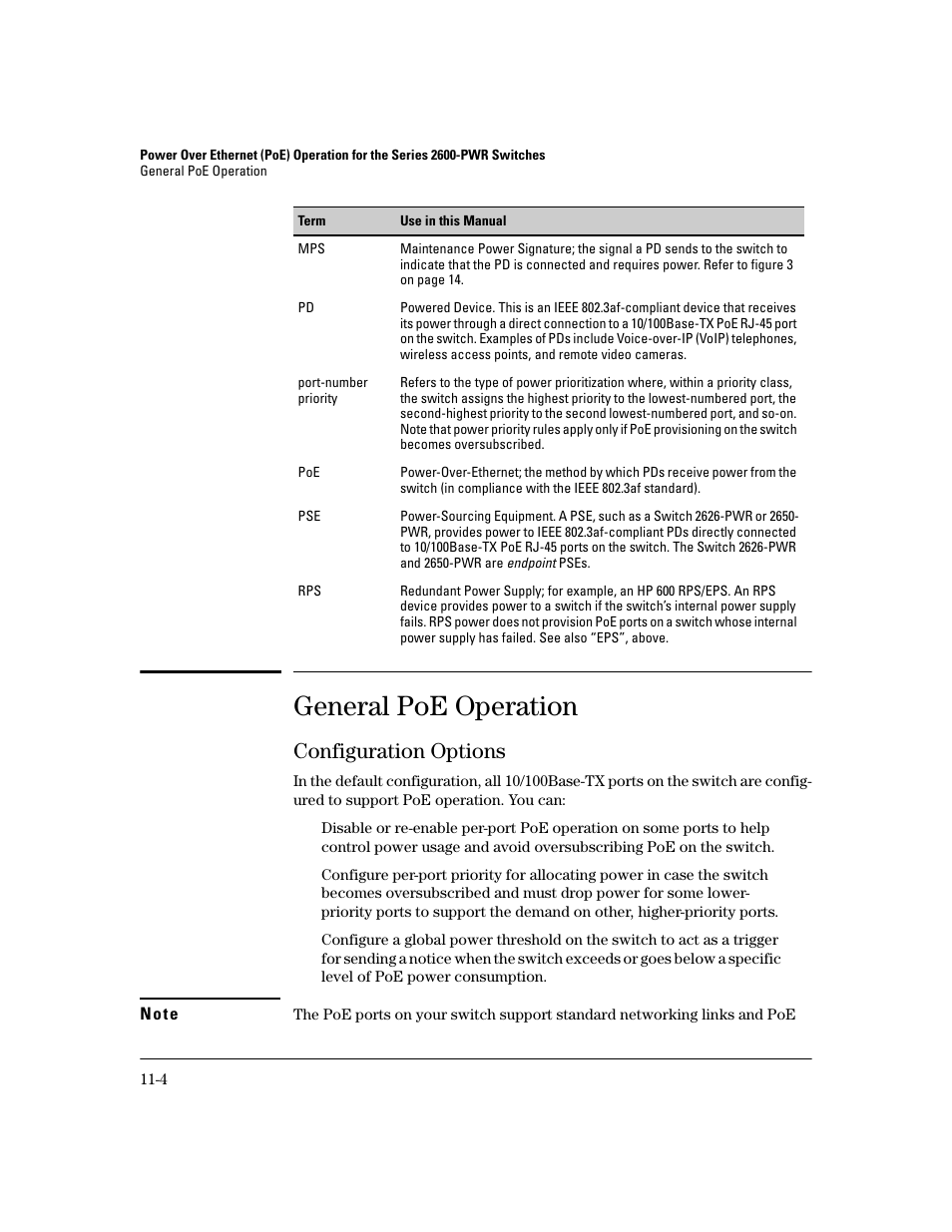 General poe operation, Configuration options, General poe operation -4 | Configuration options -4 | HP 2600 User Manual | Page 210 / 418