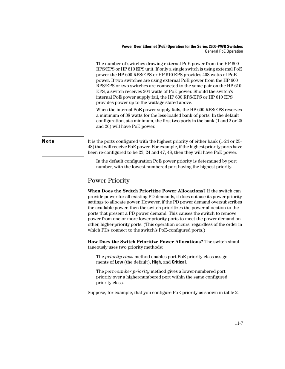 Power priority, When does the switch prioritize power allocations, How does the switch prioritize power allocations | Power priority -7 | HP 2600 User Manual | Page 213 / 418