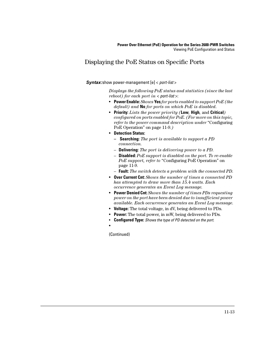 Displaying the poe status on specific ports, Displaying the poe status on specific ports -13 | HP 2600 User Manual | Page 219 / 418