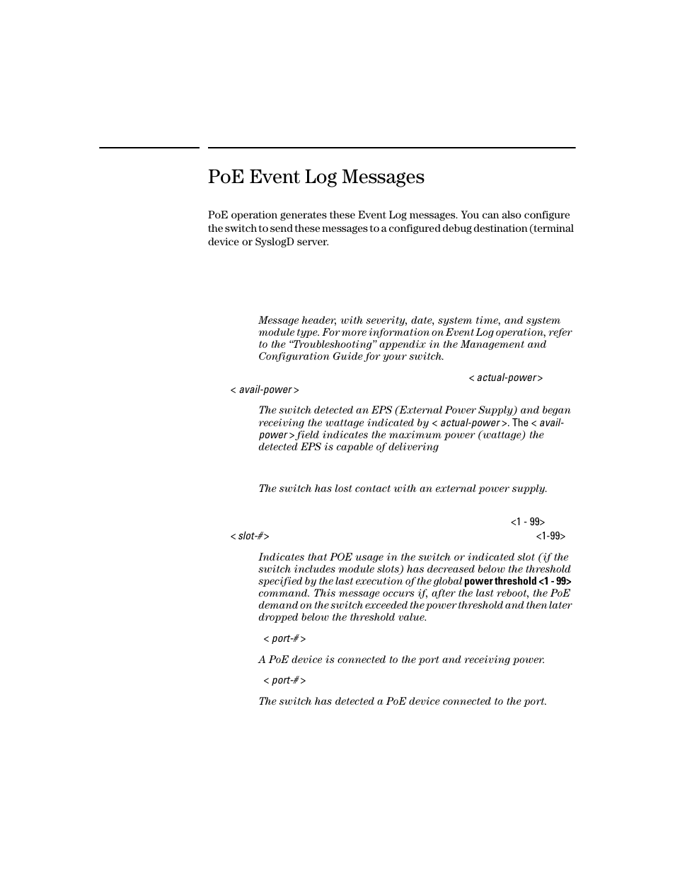 Poe event log messages, Poe event log messages -17 | HP 2600 User Manual | Page 223 / 418