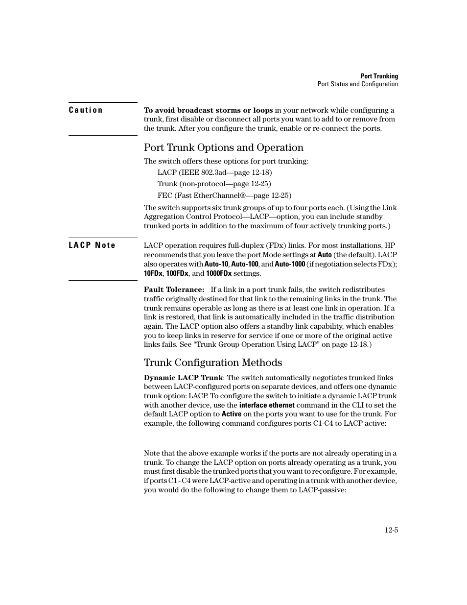 Port trunk options and operation, Fault tolerance, Trunk configuration methods | Port trunk options and operation -5, Trunk configuration methods -5 | HP 2600 User Manual | Page 231 / 418