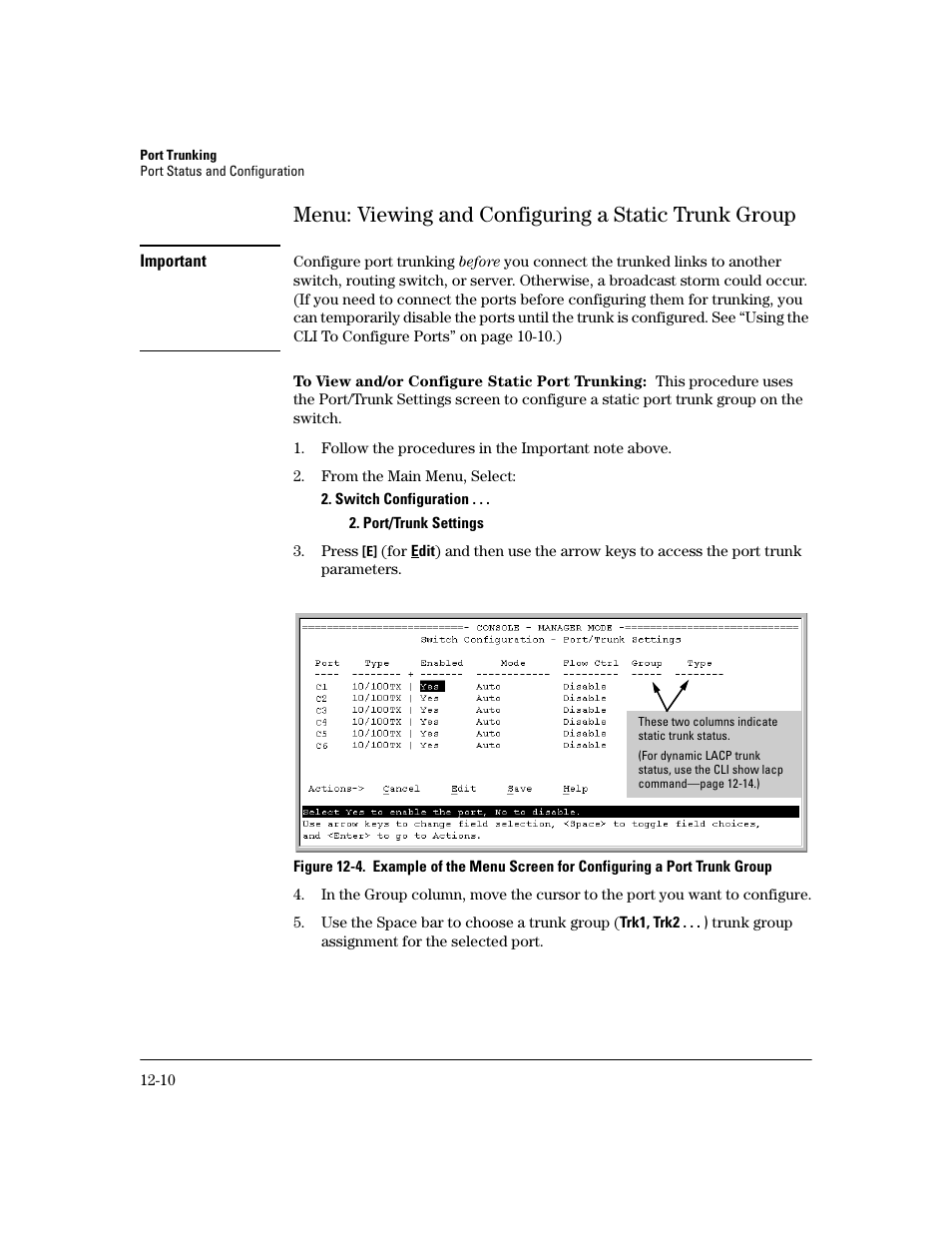 Menu: viewing and configuring a static trunk group, To view and/or configure static port trunking | HP 2600 User Manual | Page 236 / 418
