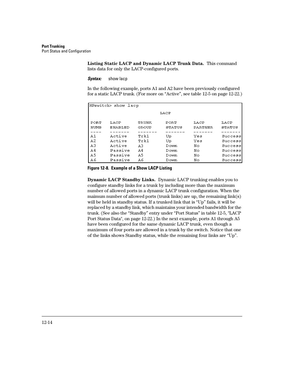 Listing static lacp and dynamic lacp trunk data, Dynamic lacp standby links | HP 2600 User Manual | Page 240 / 418